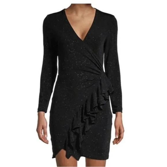 IRO Hime Shimmer Ruffle Bodycon Dress Wrap Black Sparkle Cocktail Size 42/XL - Picture 1 of 11